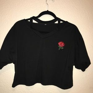 Black Crop Top With Rose Patch